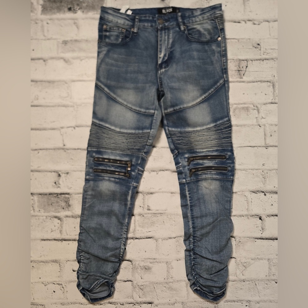 Urban Black Moto Biker Jeans Zipper Knee Distressed Denim 32